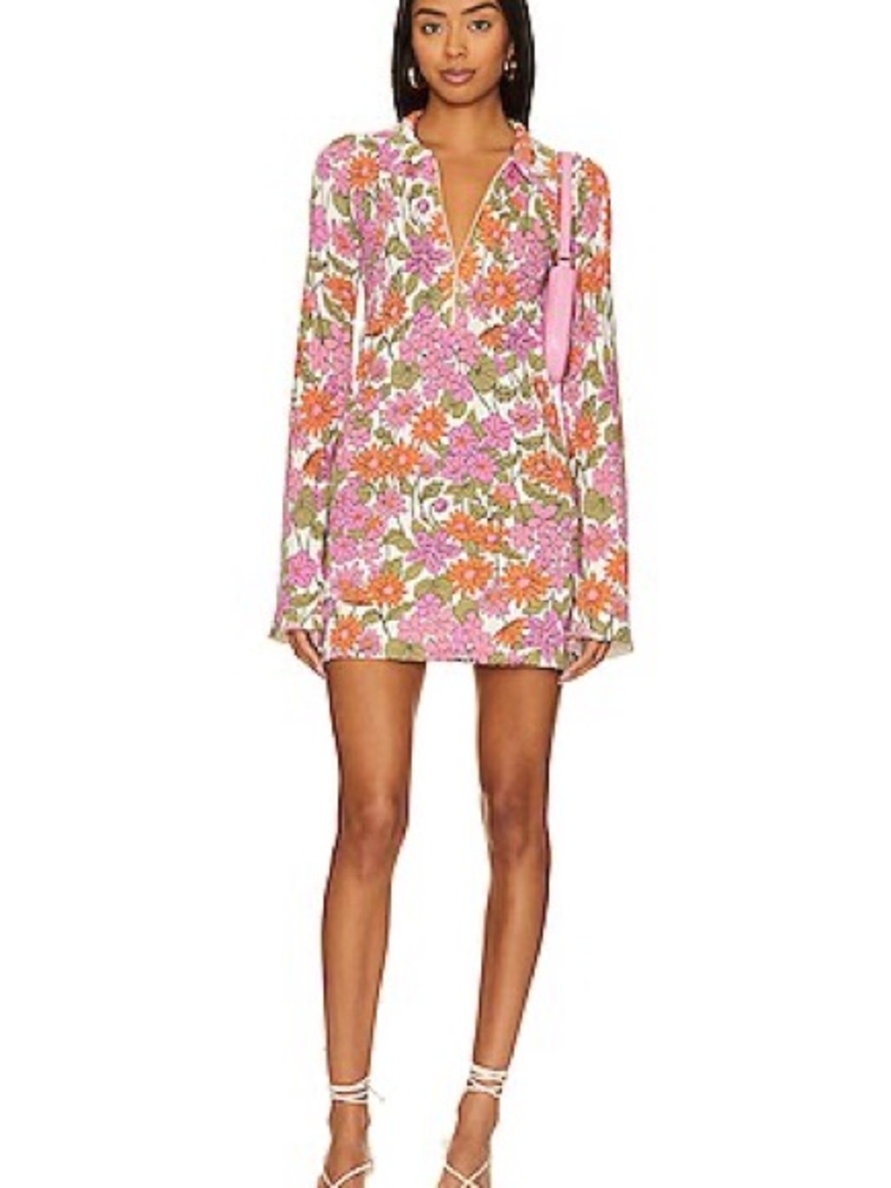Show Me Your MuMu Pink Orange Floral V-Neck Mini Dress Cottagecore meets retro - Picture 3 of 8